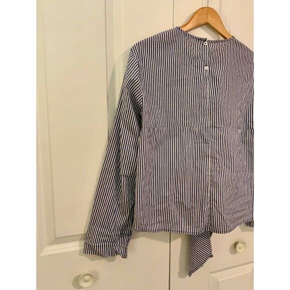 Zara Navy Blue Stripe Embroidered Tie Front Long Sleeve Top XS - Picture 8 of 10
